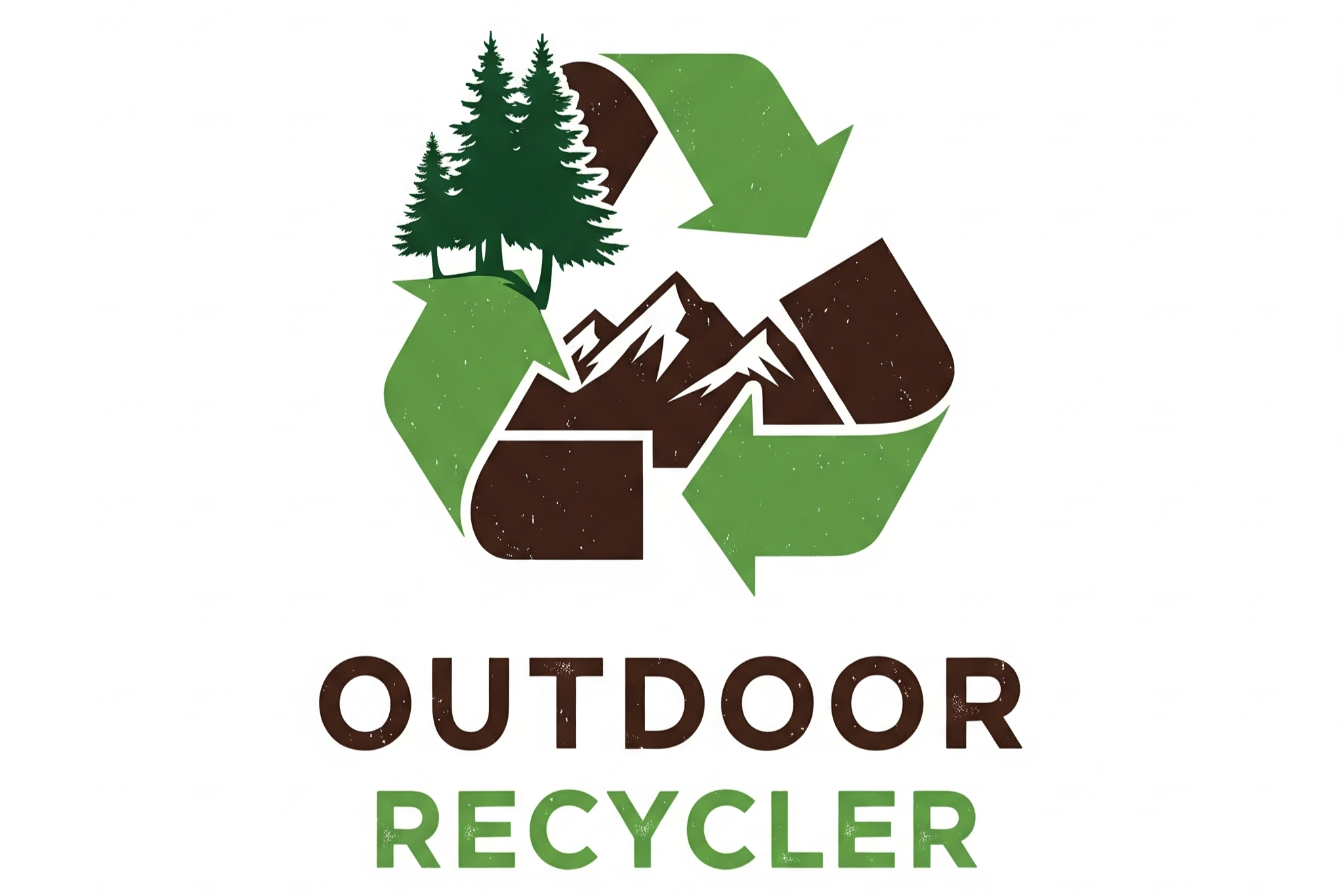 Logo for 'Outdoor Recycler' with trees, mountains, and recycling arrows on a white background.